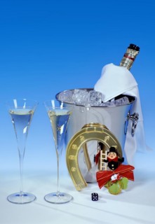 New Year's Eve decorations, champagne and lucky charms for New Year's Eve