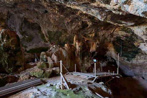 View into an earthy cave with wooden walkways and natural rock structures, Museum, Charkadio Cave,