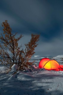 Tent in mountain landscape, Sarek National Park, World Heritage Laponia, Norrbotten, Lapland,