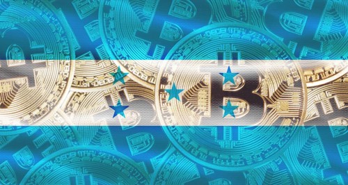 Bitcoin coins on Honduras flag background. Golden bitcoin coins on Honduras flag background