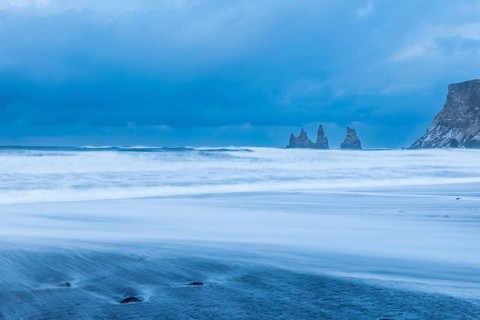 Reynisdrangar pinnacles, lava sandy beach, waves sea, winter, Vik, Iceland, Scandinavia