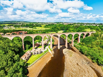 Larpool Viaduct over River Esk and Esk Valley Viaduct from a drone, Whitby, North Yorkshire,