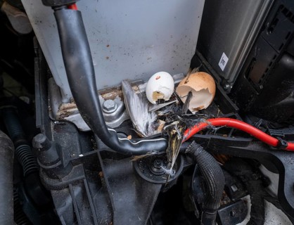 Engine compartment, engine of a passenger car with remains of prey of a stone marten (Martes