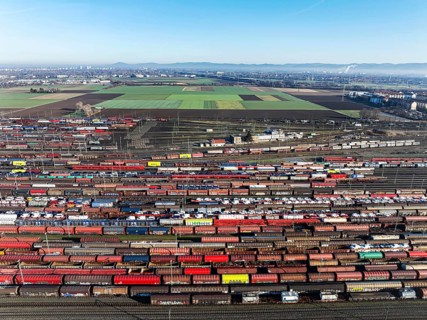 Mannheim marshalling yard. There are many freight trains and freight wagons on the tracks. aerial