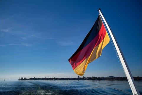 German flag, German flag, flying on ferry, Lindau behind, Bavaria, Lake Constance, Germany
