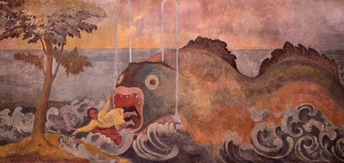 Facade painting by Toni Schönecker, fresco depicting the story of Jonah, Jonah in the whale, Café