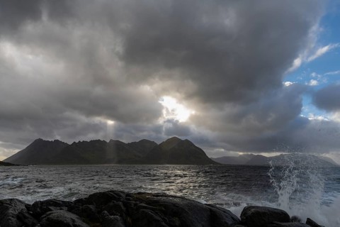 Coastal landscape with ocean surf, Lofoten, Nordland, Norway, September 2020