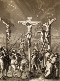 Crucifixion of Jesus, Mount Calvary, Jerusalem, New Testament, steel engraving 1853, digitally