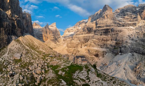 Evening at Refugio Francis Fox Tuckett, alpine panorama, aerial view, impressive mountain peaks of