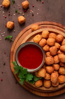 Chicken popcorn, deep fried, nuggets, close-up, rustic, no people