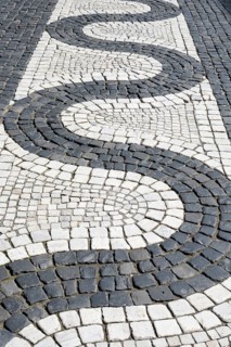 Wave-shaped paving art, street plaster, cobblestones at Augsburg City Market, Augsburg, Swabia,