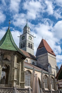 The bell tower of St. Nikolaus Cathedral in Überlingen, the late Gothic Ölberg chapel on the left,