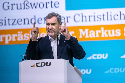 38th Federal Party Congress of the CDU of Germany in Stuttgart. Greetings from Markus Söder, party