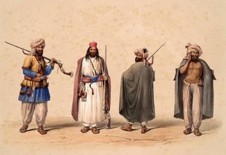 Four men in traditional garments, two of them with weapons