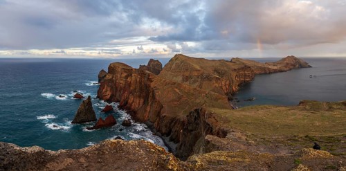 Sunset, rainbow at sea, volcanic peninsula, Ponta de São Lourenço, Ponta de Sao Lourenco, rocky