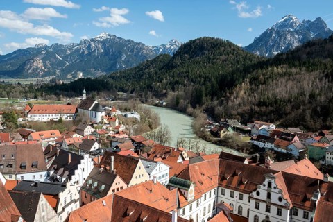 View of the old town of Füssen from the Hohes Schloss, right Lech, Ostallgäu, Allgäu, Bavaria,