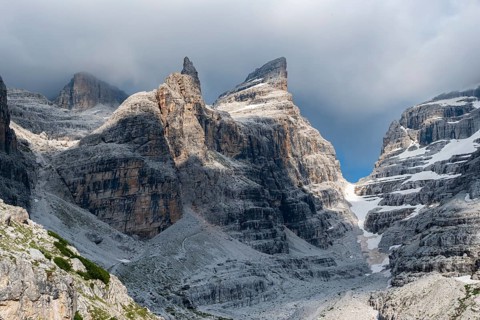 Mountain valley, Castelletto Superiore and Cima Sella peaks, back Scharte Bocca di Tuckett,