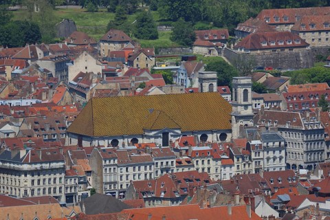 Townscape and Ste-Madeleine Cathedral, view from above, Besançon, Doubs, France