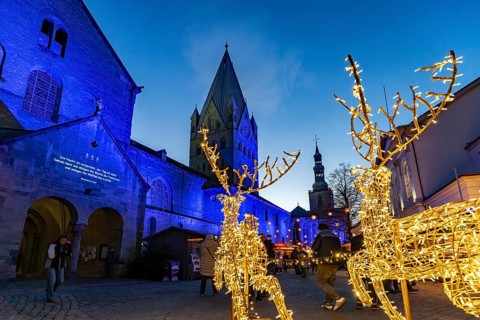 LED reindeer with sleigh at the Christmas market and St. Patrokli Cathedral in Soest at dusk, North
