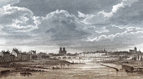 Panorama of Paris with Notre-Dame de Paris, antique steel engraved print, 1831