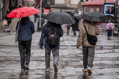 Passers-by in a pedestrian zone, Kettwiger Straße, rainy weather, city center, Essen, North