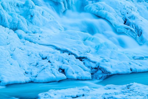 Gullfoss, waterfall of the Hvítá river, detail, ice, frost, snow, winter, Haukadalur, Iceland,