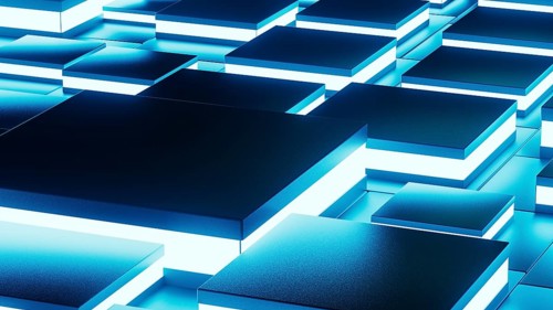 Abstract background design featuring a network of glowing geometric shapes in blue tones, creating