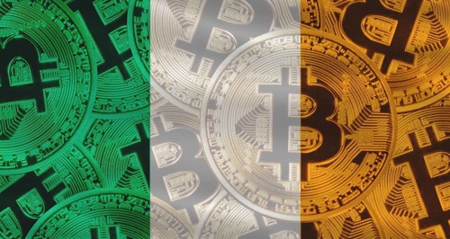 Irealand flag with Bitcoins in the background