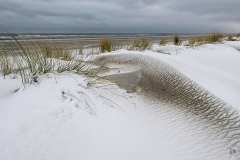 Snow-covered dunes on the North Sea, Langeoog, Lower Saxony, Germany