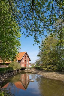 Historic water mill, Düstermühle on the river Dinkel, Legden, Münsterland, North Rhine-Westphalia,