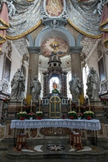 Church, baroque basilica of St. Mang, interior view, altar area, Füssen, Ostallgäu, Bavaria Germany