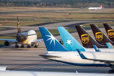 Cologne-Bonn airport, CGN, UPS Boeing 747-8F, cargo plane after landing, on the taxiway to the air