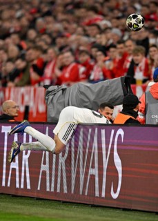 Arda Güler Real Madrid (15) flies over the advertising hoarding Football UEFA Champions League CL