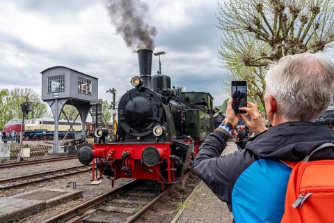 Three-axle steam locomotive Lower Saxony visiting the Bochum Railway Museum, museum days weekend,