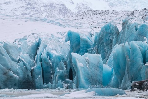 Glacier lagoon, frozen glacial lake, glacier ice, mountain, snow, winter, Svinafellsjökull,