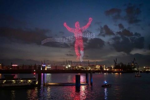 Drone light show over the Elbe as part of the Hamburg Olympic bid on 26.02.2026, Landungsbrücken,