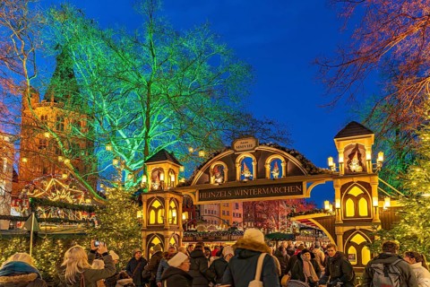 Christmas market Heinzel's winter fairy tale at dusk, Cologne, North Rhine-Westphalia, Germany