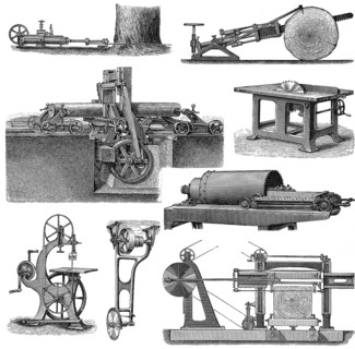 Historical illustration, 19th Century, sawing machines, Sägemaschinen, historische Zeichnung, 19.