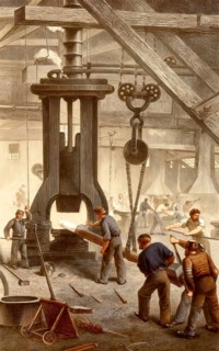 Historical illustration, 19th Century, working with a steam hammer, also called a drop hammer