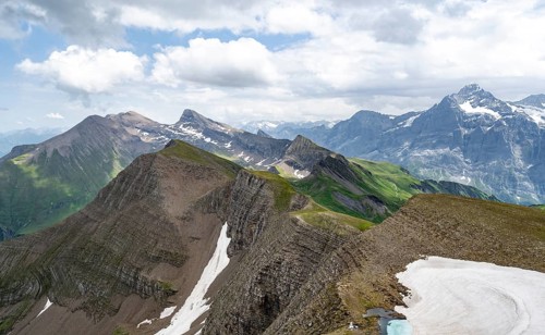 View from the Faulhorn summit, Schreckhorn mountain summit in the back, mountain landscape, Bernese