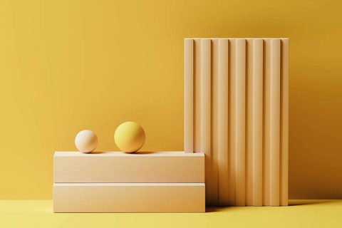 Background of a Minimalistic composition featuring three geometric objects in soft tones. The scene