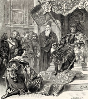 Mephistopheles playing the role of a fool, emperor at the throne, Faust II, first act, by Johann