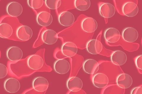 A digital rendering of an abstract crimson background with soft, glowing circular shapes