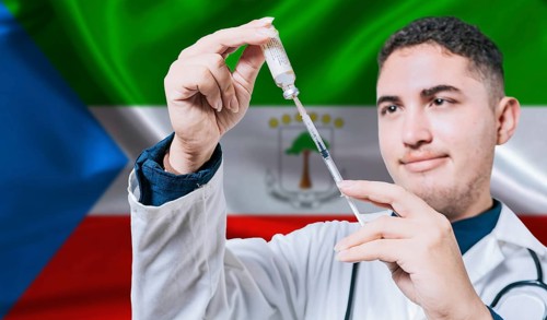 Doctor holding syringe on Equatorial Guinea flag background. Medical professional holding syringe