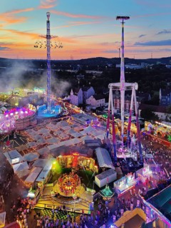 View from above from the Ferris wheel at the Cranger Kirmes in the evening, Herne, Ruhr area, North