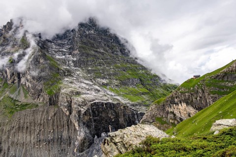 Dramatic mountain landscape covered in clouds, Bernese Alps, Bernese Oberland, Switzerland