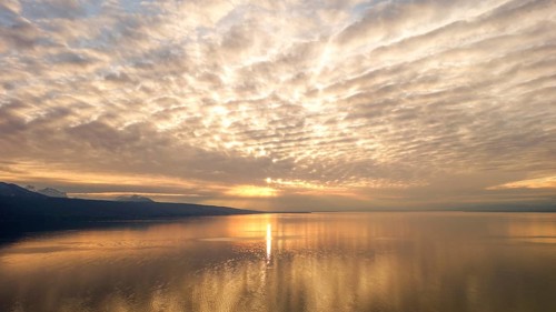 A breathtaking view of a serene sunset on Lake Geneva, with the Swiss Alps in the background. The