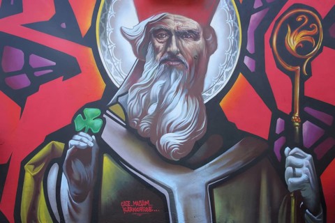 Mural Saint Patrick by CASE Maclaim, Irish National Saint with Episcopal Staff and Clover, Symbol