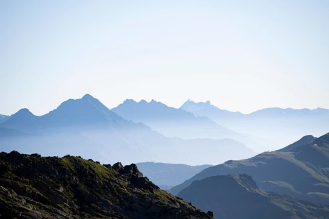 Mountain silhouettes in morning light, Bernese Alps, Bernese Oberland, Switzerland