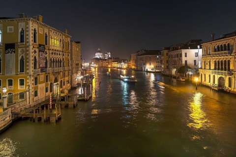 Grand Canal with view of Santa Maria della Salute at night, Venice, Veneto, Italy